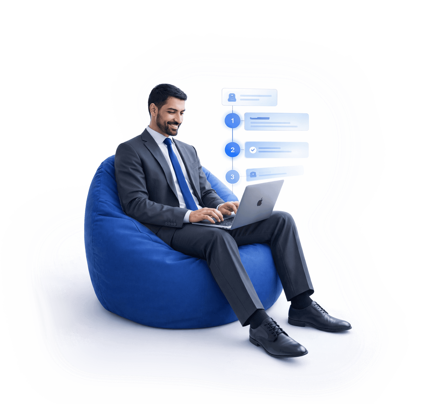 A business professional sitting with a laptop next to a three-step workflow graphic illustrating how to join KIRA's CPA affiliate network.