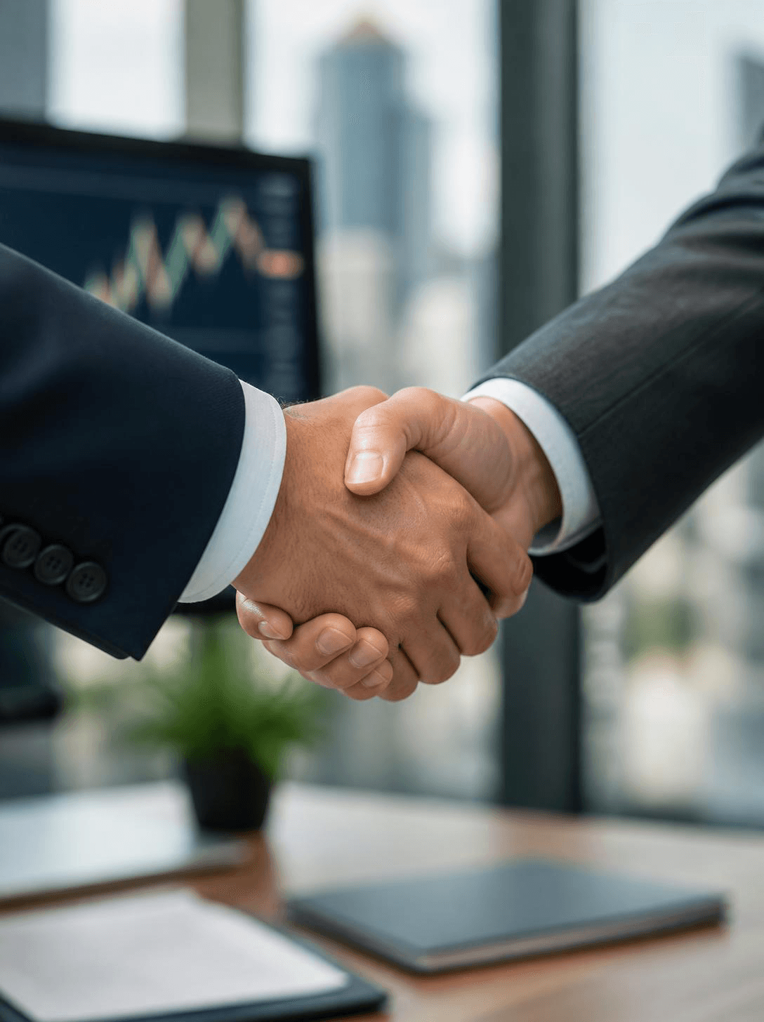 Two business partners in suits shaking hands in an office with market trading charts on screen representing KIRA's CPA affiliate partner program.