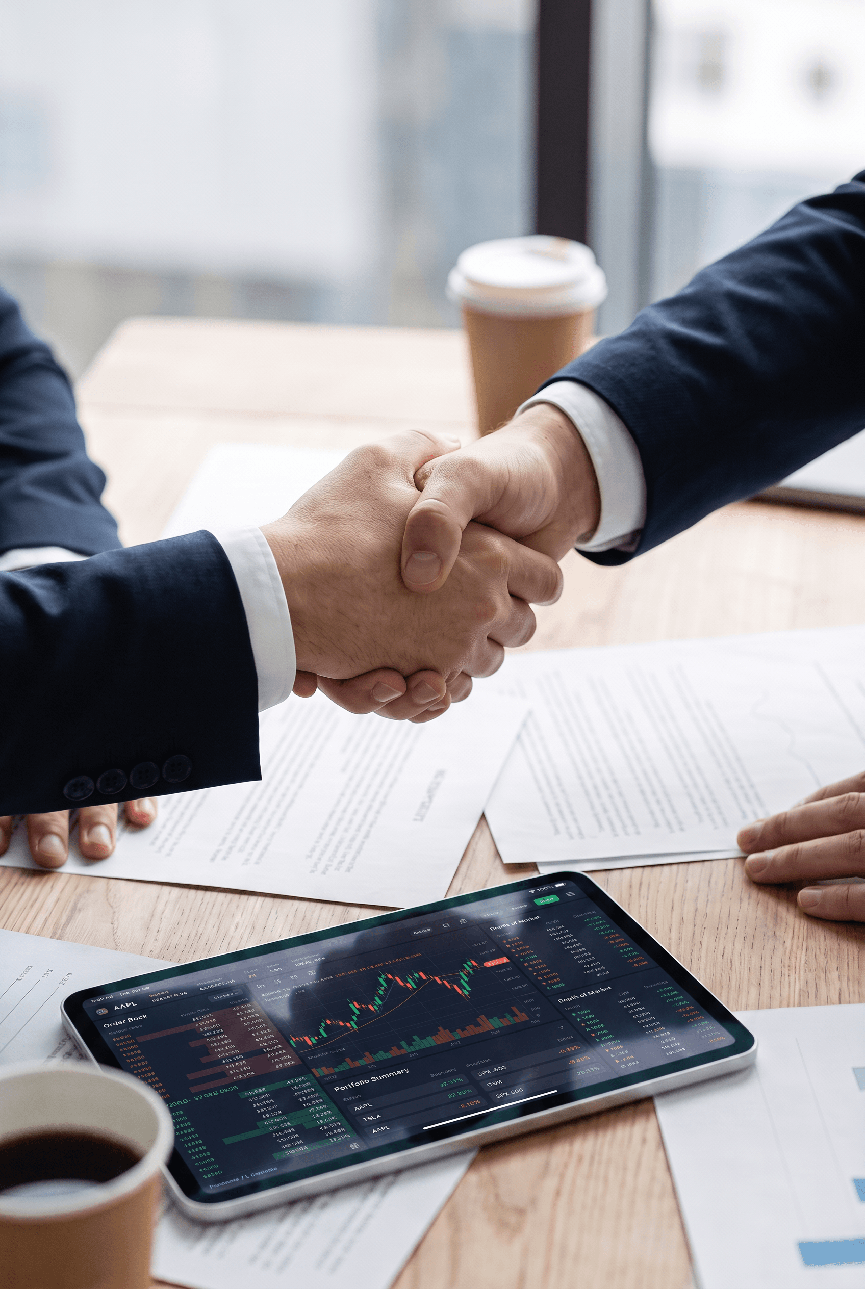 Two business partners shaking hands across a conference table with signed documents and a tablet displaying live financial trading charts.