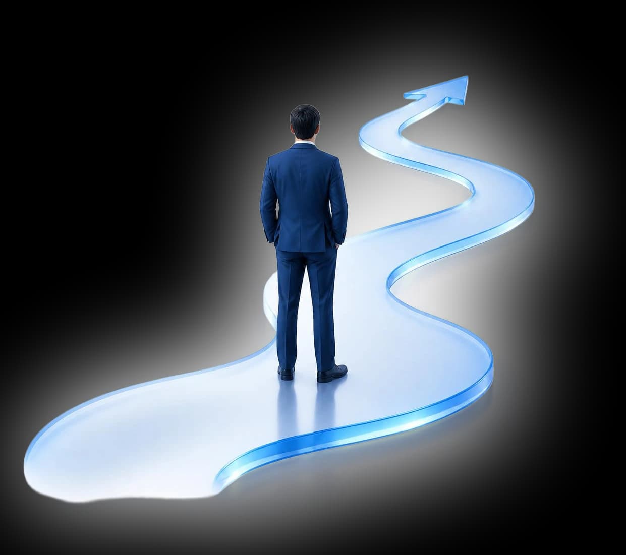 A businessman viewed from behind, standing at the start of a winding blue path leading up to an arrow, representing the path to becoming a KIRA partner.